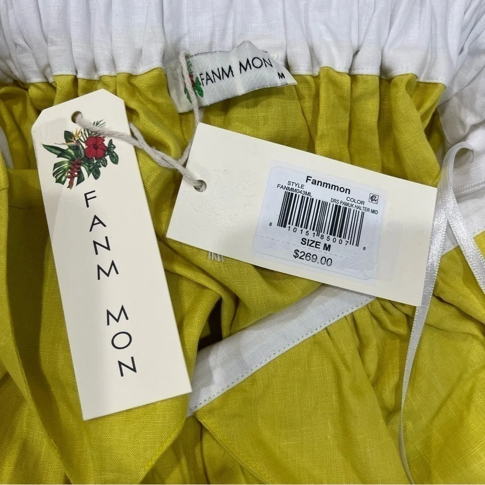 Fanm Mon Yamile 100% Linen Floral Embroidered Halter Midi Dress Mustard Lime NWT